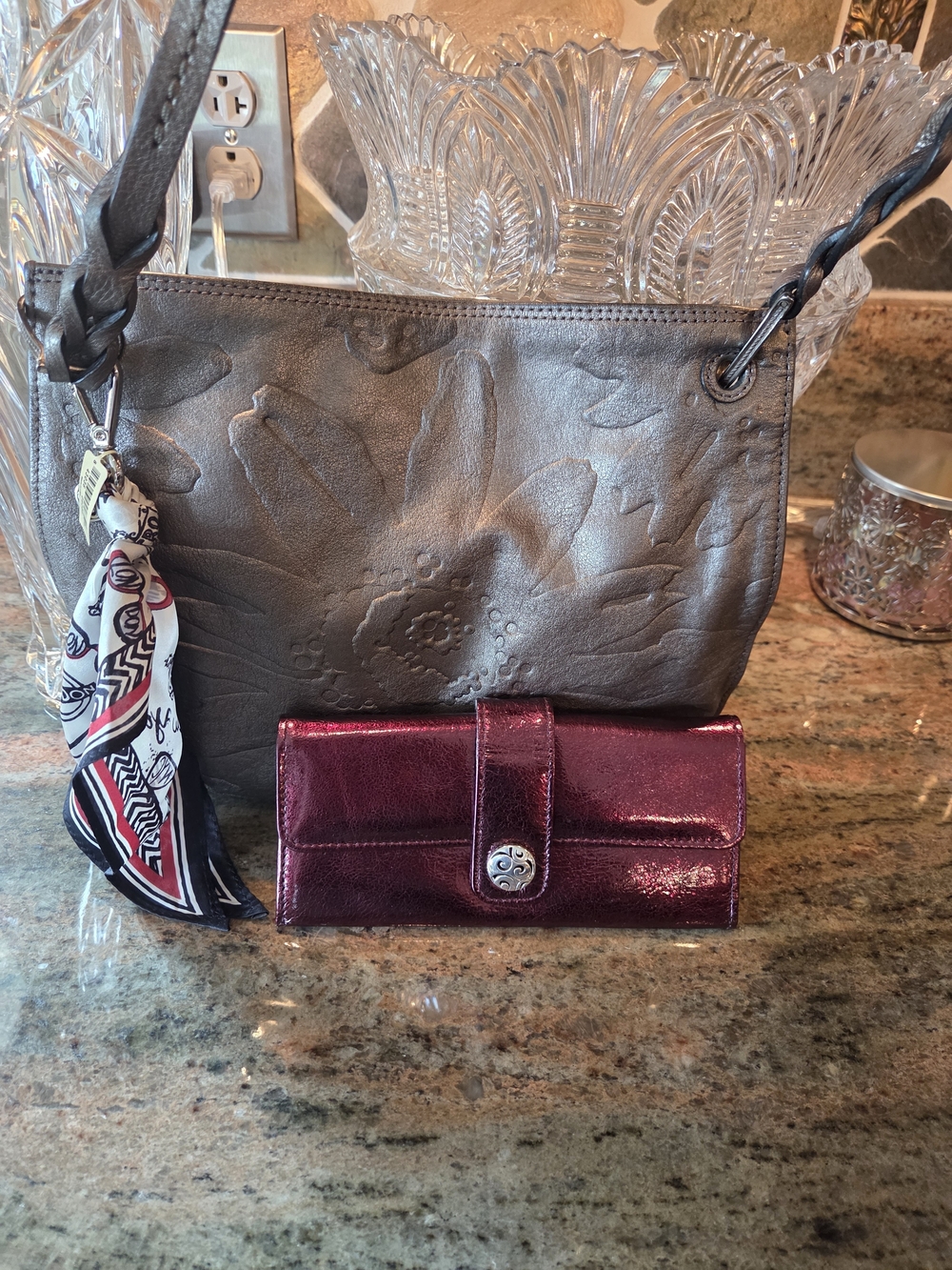 Brighton Metallic Gray Floral Leather Shoulder Bag And Wallett